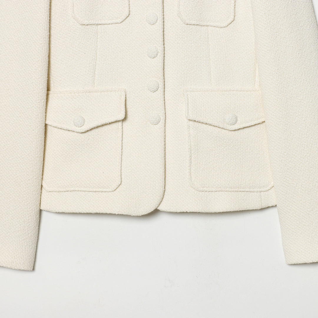 Damen strukturierte Bouclé Kurzjacke mit Stehkragen, vier aufgesetzten Pattentaschen und bezogenen Knöpfen – Célinea