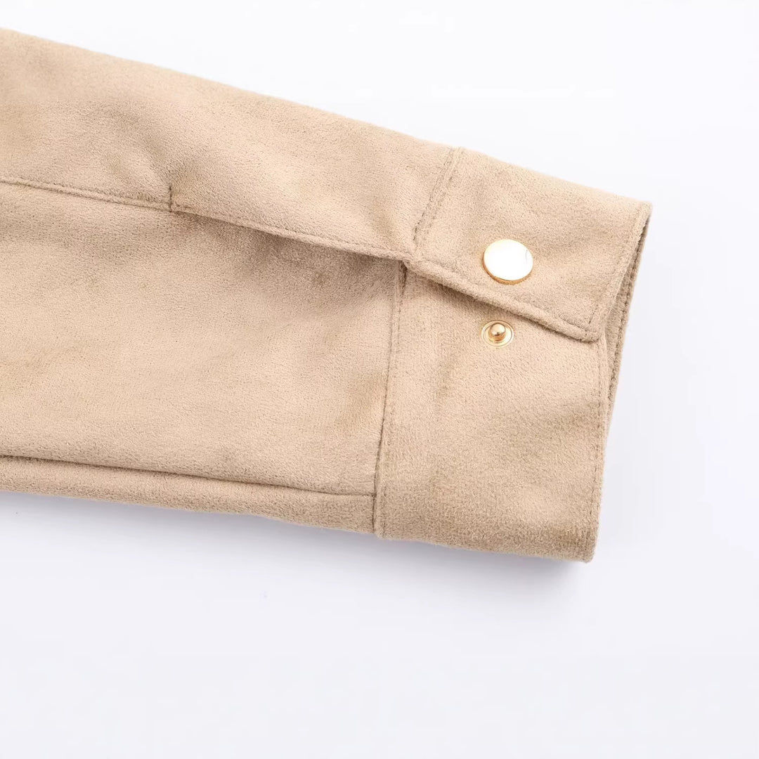 Damen Kurze Wildlederoptik-Jacke mit Stehkragen und Druckknopfleiste Echoarchiv