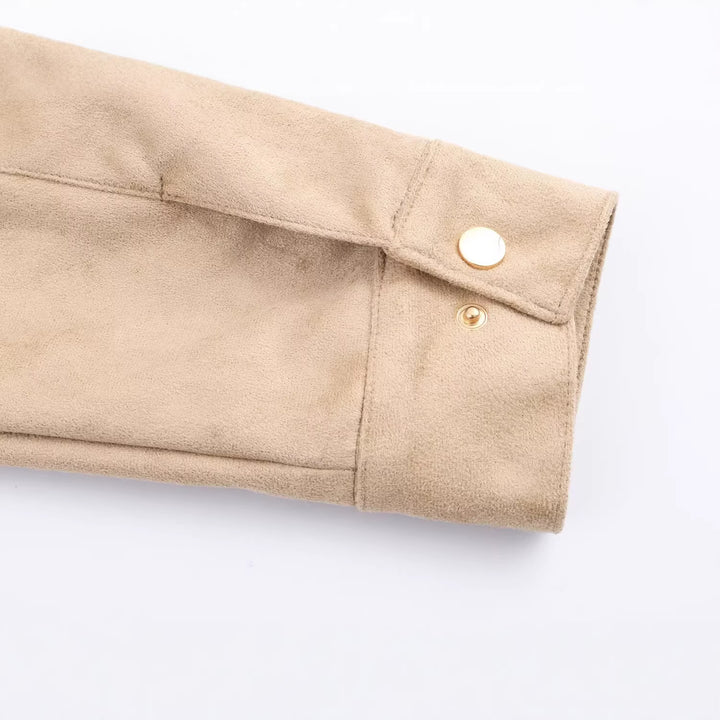 Damen Kurze Wildlederoptik-Jacke mit Stehkragen und Druckknopfleiste Echoarchiv