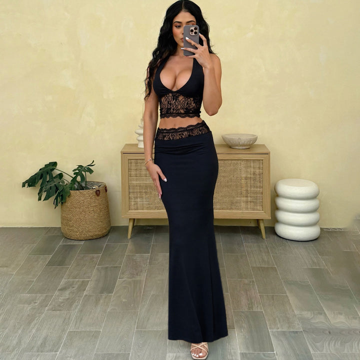 Damen Langer Sommerrock mit tiefem V-Ausschnitt und eleganter Spitzenapplikation Echo Archiv