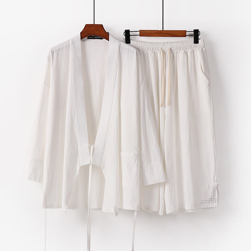 Damen Zen-Kimono-Lounge-Set aus atmungsaktivem Baumwollmix mit Bindebandjacke und weiten Culotte-Hose Echoarchiv