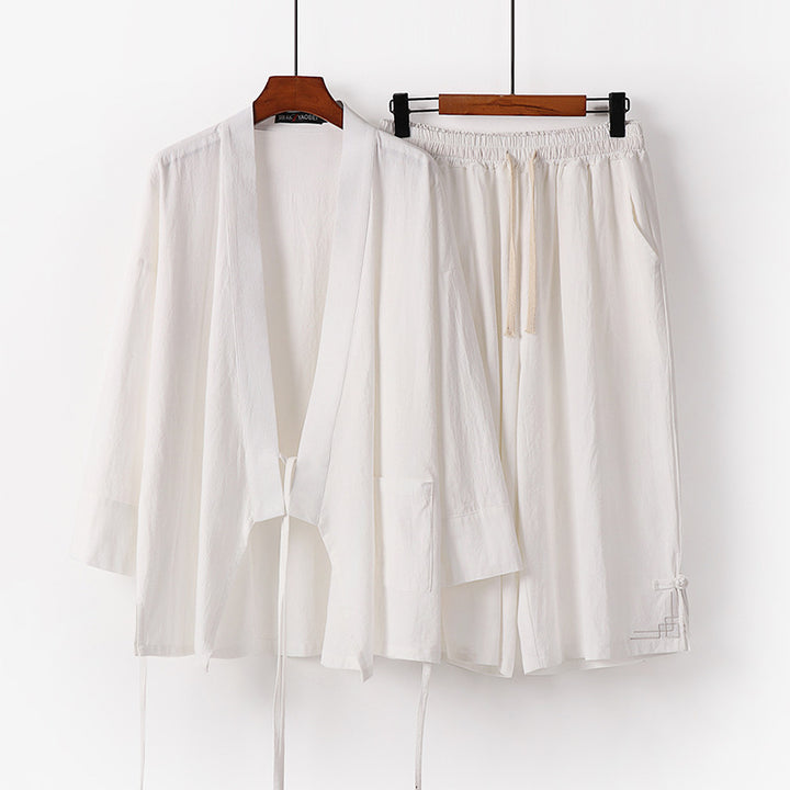 Damen Zen-Kimono-Lounge-Set aus atmungsaktivem Baumwollmix mit Bindebandjacke und weiten Culotte-Hose Echoarchiv