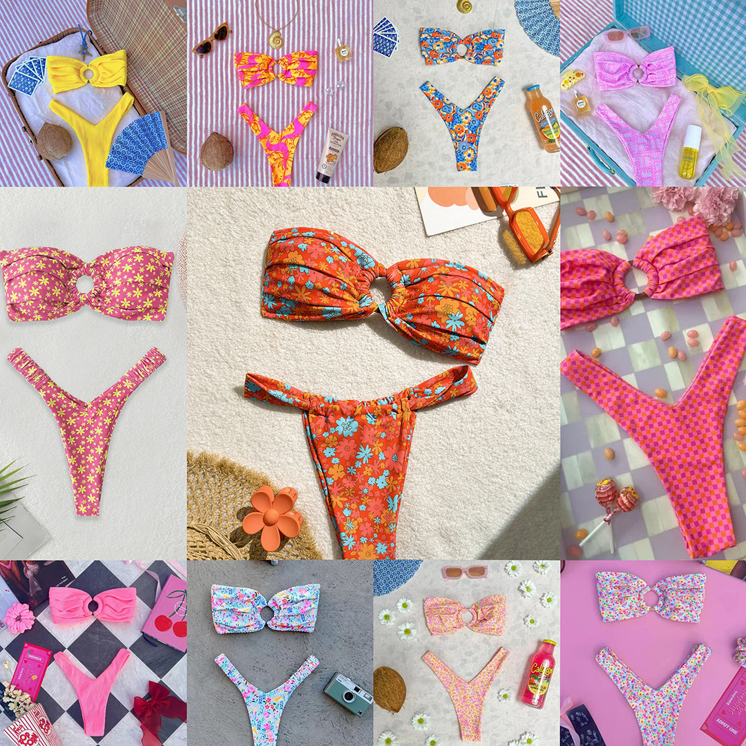 Damen Bandeau-Bikini mit Blumenmuster und Schlaufen-Detail Echo Archiv
