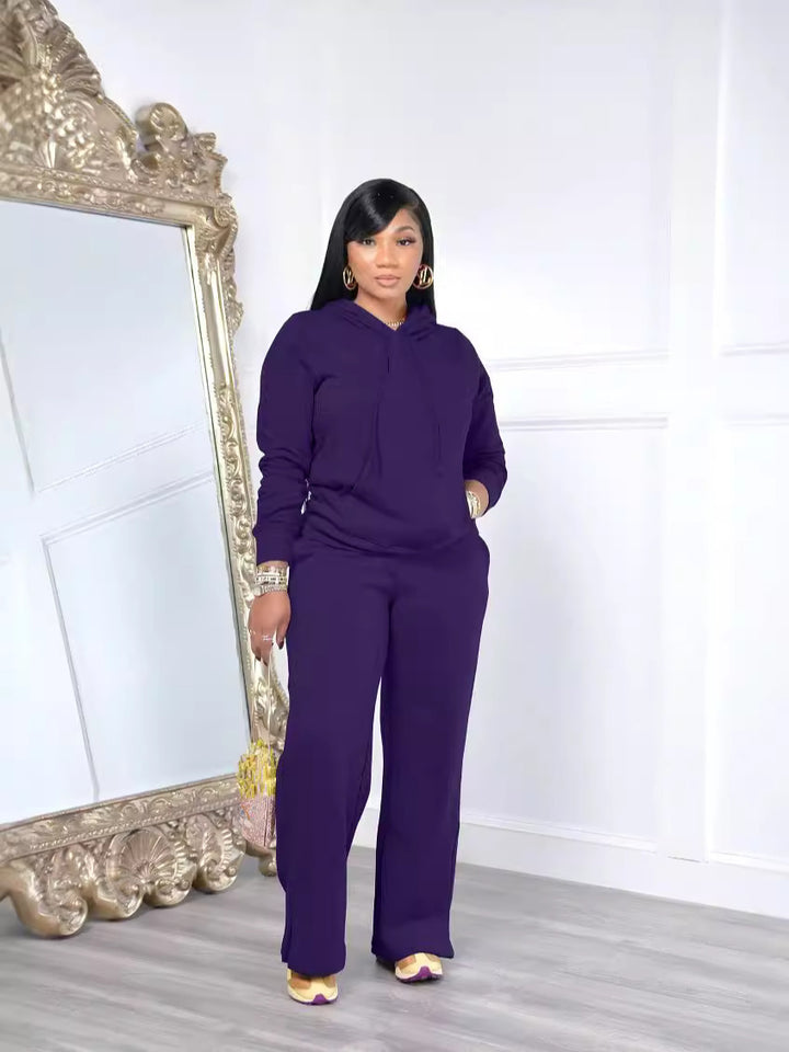 Damen Relax-Loungewear-Set mit weitem Highwaist-Palazzo-Jogger, Kapuzenpullover mit Kängurutasche und seitlichem Saumschlitz – Avérine
