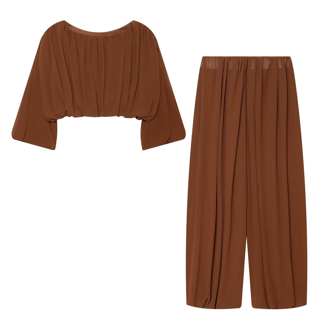 Damen Luftige Chiffon-Kurzbluse mit Drapierung und Ballonärmeln Echo Archiv