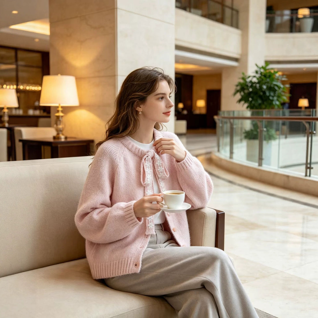 Damen Oversize Strickpullover mit dekorativem Blumen-Spitzenband Echoarchiv