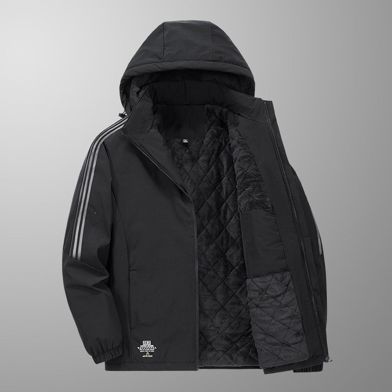 Herren Wattierte Kapuzen-Übergangsjacke mit gesteppter Teddy-Innenfütterung und markanten Ärmellängsstreifen Echoarchiv