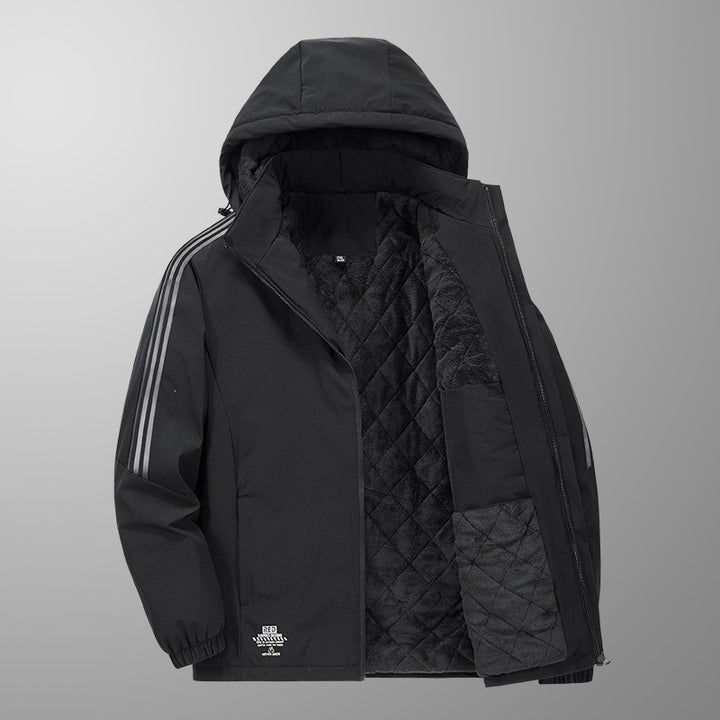 Herren Wattierte Kapuzen-Übergangsjacke mit gesteppter Teddy-Innenfütterung und markanten Ärmellängsstreifen Echoarchiv