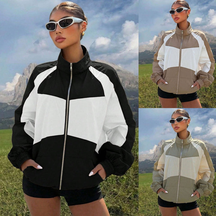 Damen Leichte Windbreaker-Jacke mit Stehkragen, Farbblock-Design und elastischen Bündchen Echo Archiv