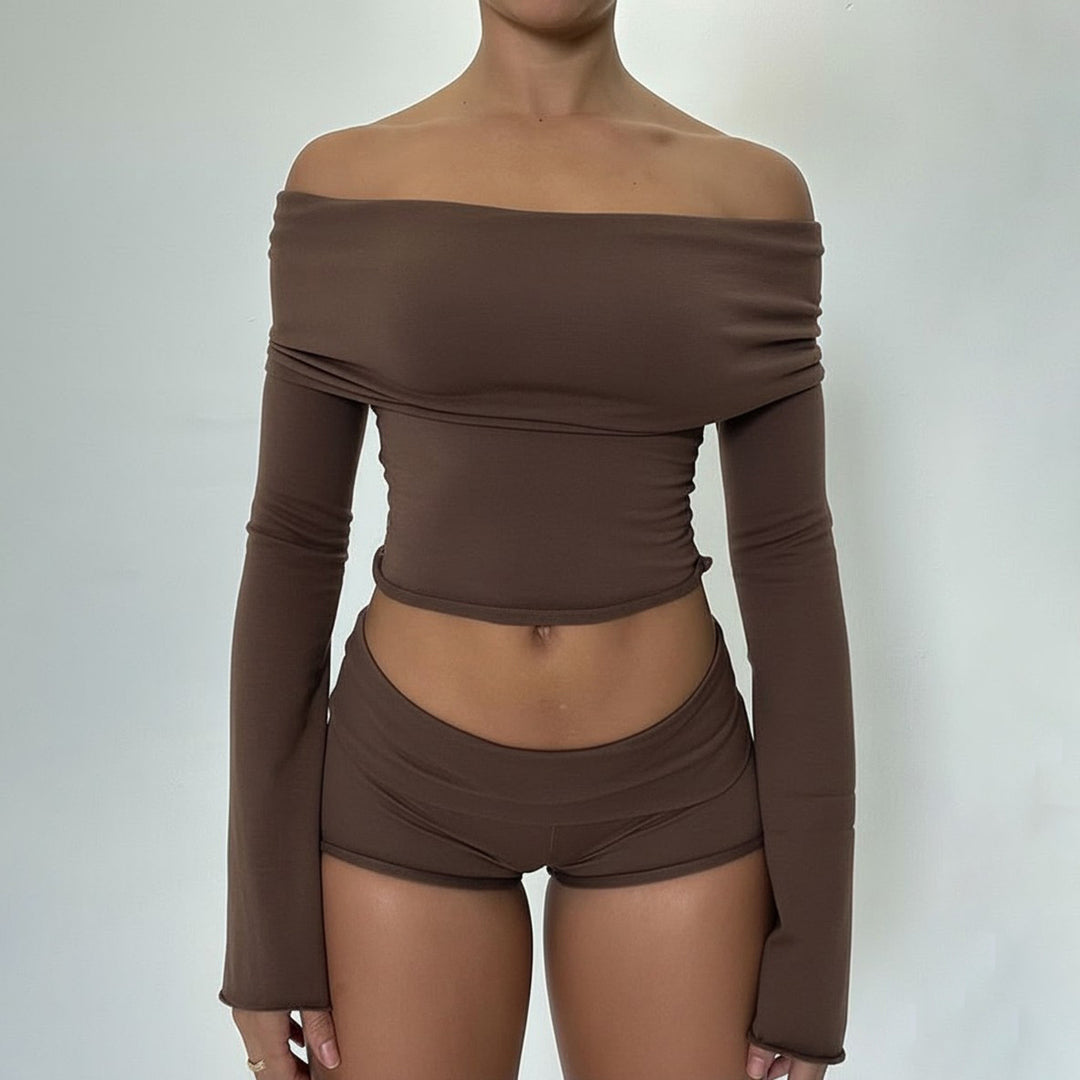 Damen nan Off-Shoulder Lounge-Set mit Langarm-Croptop und Highwaist-Shorts aus Stretchjersey Echo Archiv