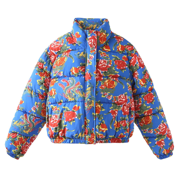 Damen nan gesteppte Daunenoptik Steppjacke mit floralem Alloverprint, Stehkragen und elastischem Saum Echo Archiv