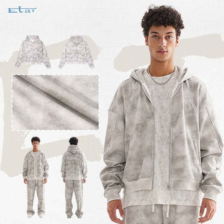 Unisex Kurz geschnittene Reißverschluss-Kapuzenjacke aus French-Terry mit Cloud-Dye-Effekt und Raglannähten Echo Archiv