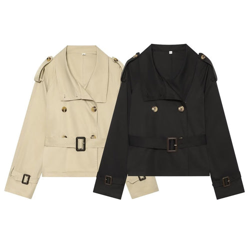 Damen Kurzer Boxy-Trench mit Doppelreiher, Taillengürtel und Schulterklappen Echo Archiv