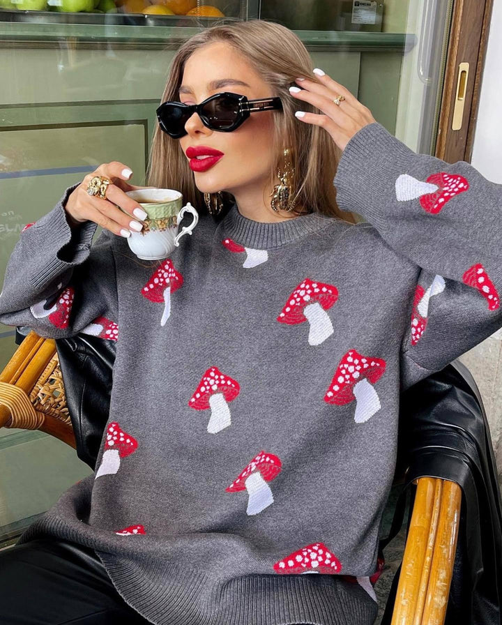 Damen weiter Strickpullover mit Pilzmotiv Rundhals Rippbündchen – Mavelle