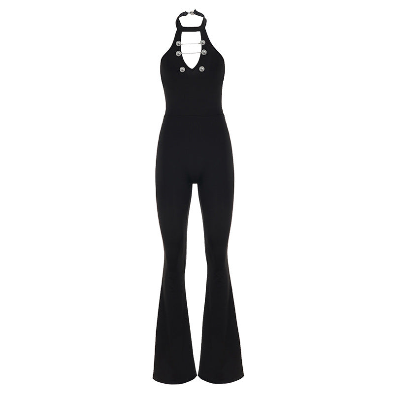 Damen Fließender Jumpsuit mit hochgeschlossenem Ausschnitt und dekorativen Knöpfen Echo Archiv