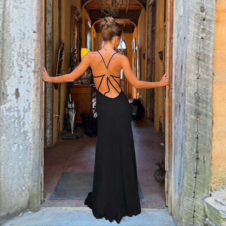Damen elegantes Maxikleid mit v-förmigem Ausschnitt und feinen Trägern Echo Archiv