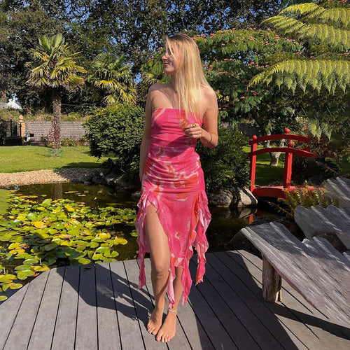 Damen elegantes Rüschenkleid mit trägerlosem Oberteil und asymmetrischem Saum Echo Archiv