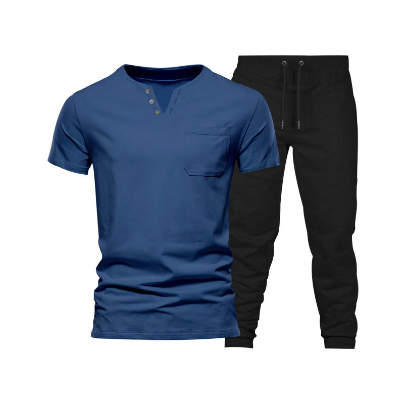 Herren lässiges Kurzarm-Henley-Set mit praktischer Brusttasche und bequemen Jogginghosen Echoarchiv