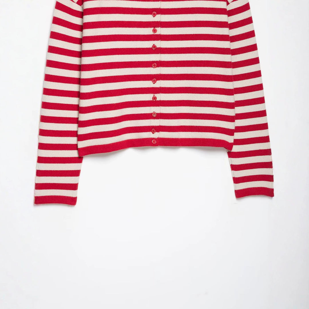 Damen Gestreifter Cropped Strick-Cardigan mit Stehkragen Echoarchiv