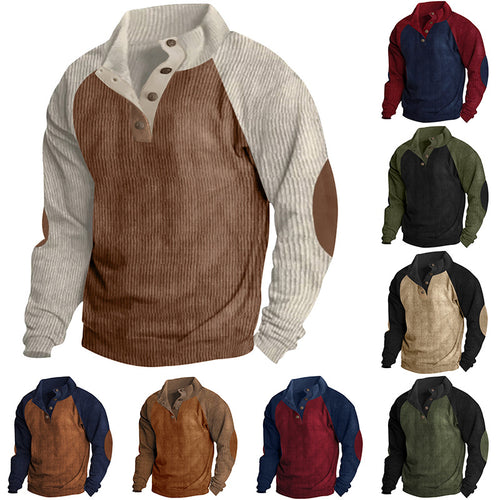 Herren nan Cordoptik-Halbknopf-Pullover mit Stehkragen, Raglanärmeln und Ellenbogenpatches Echo Archiv