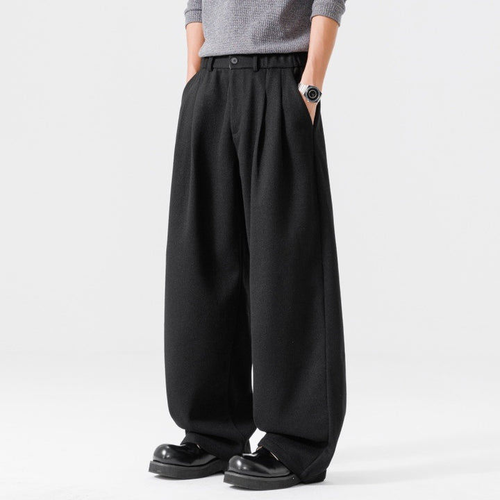 Damen Weite High‑Waist Plissee-Hose aus Wollmix mit elastischem Bund und weitem Bein Echoarchiv