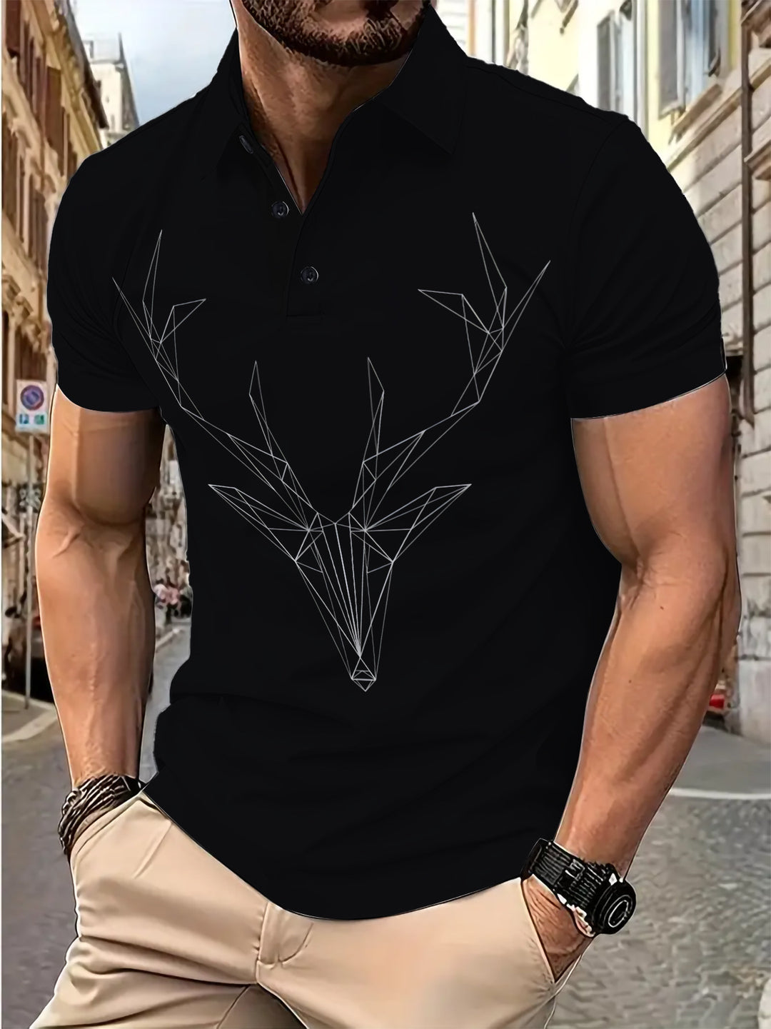 Herren Kurzarm Poloshirt mit geometrischem Hirschmotiv Echoarchiv