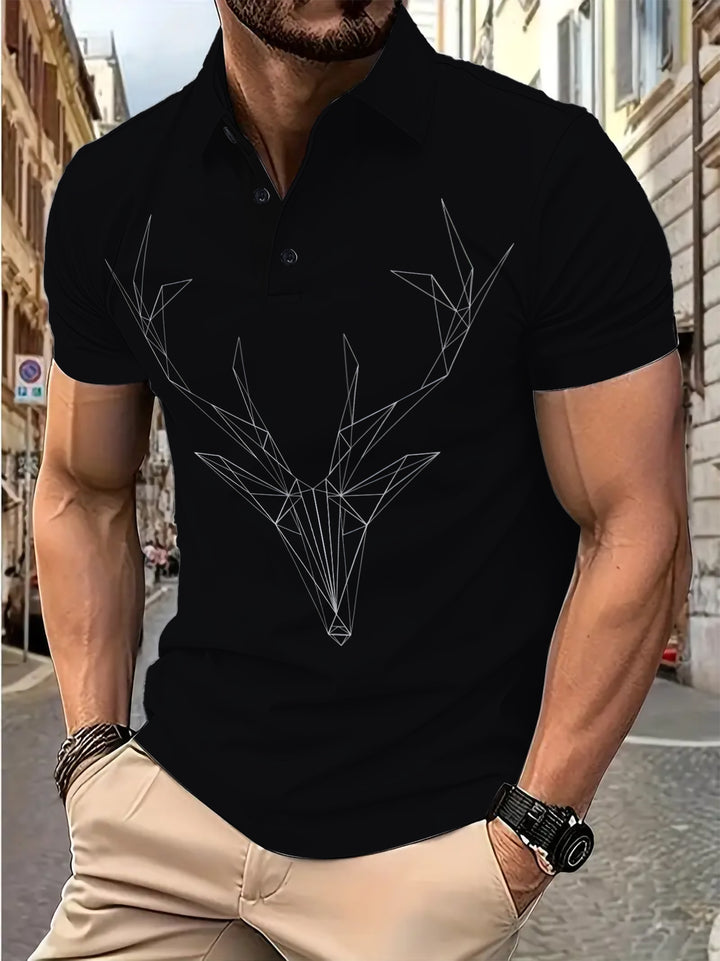 Herren Kurzarm Poloshirt mit geometrischem Hirschmotiv Echoarchiv