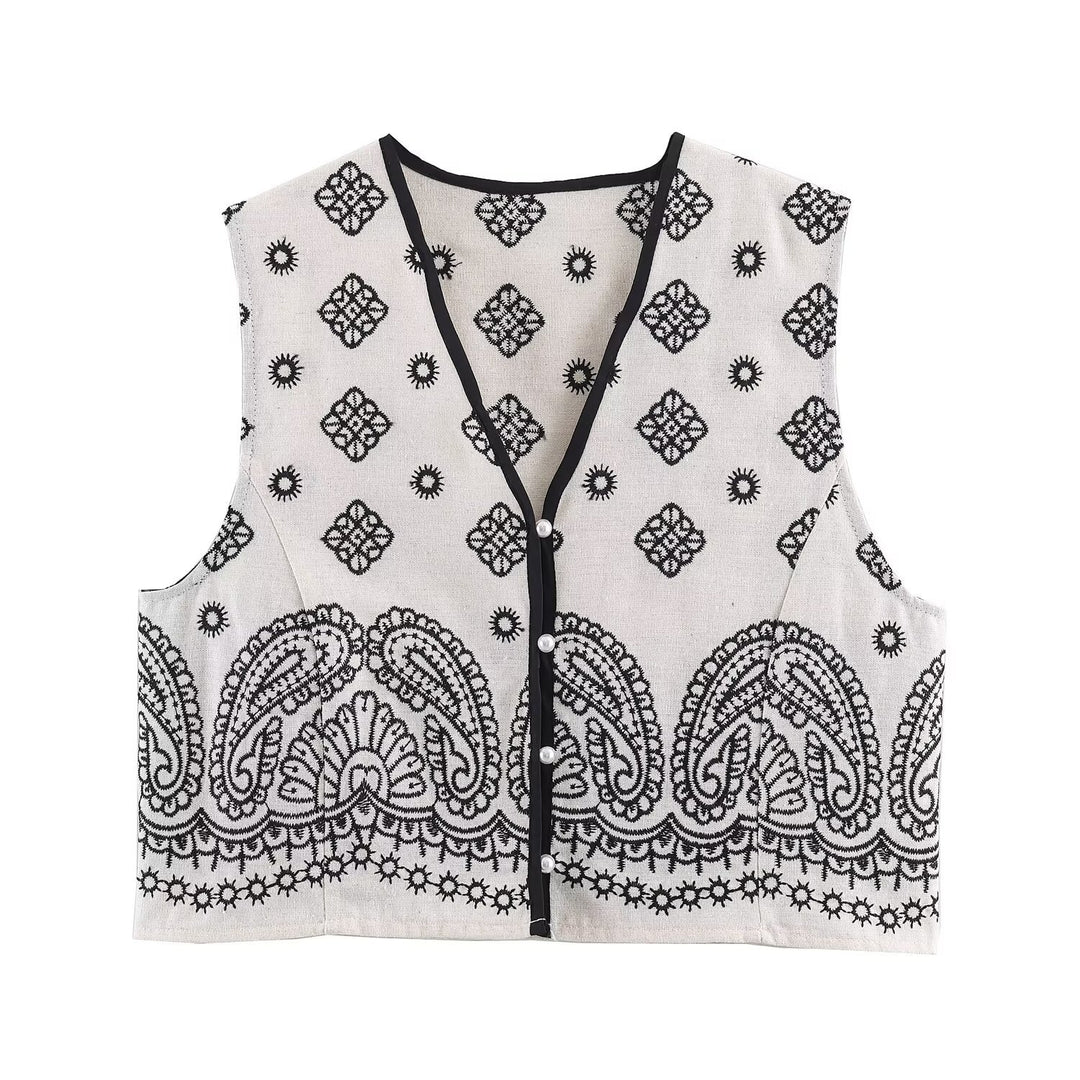 Damen Ärmellose bestickte Weste mit Paisley‑Motiv und Perlmuttknopfleiste Echoarchiv