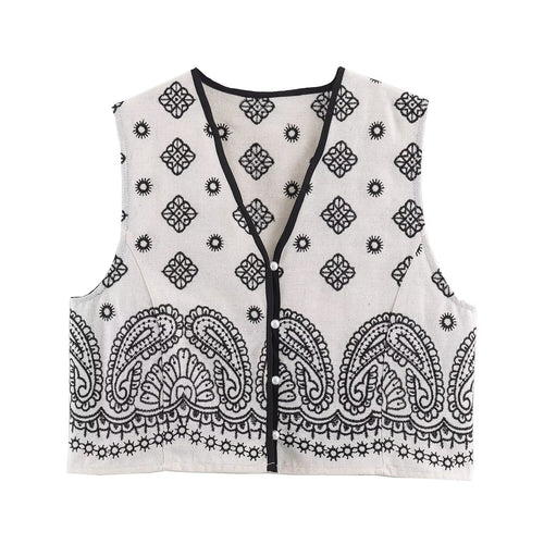 Damen Ärmellose bestickte Weste mit Paisley‑Motiv und Perlmuttknopfleiste Echoarchiv