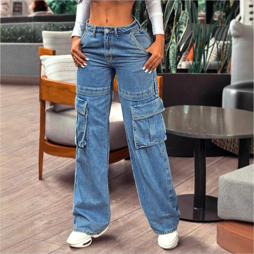 Damen lässige Cargo-Denim-Baggyhose mit extragroßen Klappentaschen und geradem Bein Echo Archiv