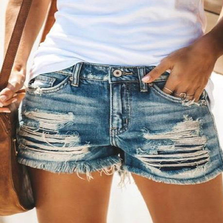 Damen trendige Destroyed Denim-Shorts mit ausgefransten Säumen und modischen Rissdetails Echo Archiv