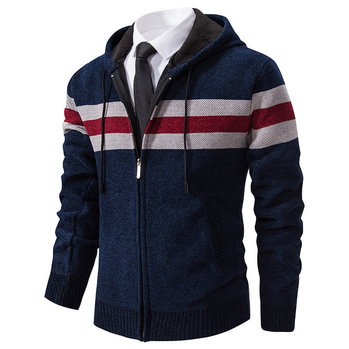 Herren Gestrickte Kapuzen-Strickjacke mit Kontraststreifen und Reißverschluss Echo Archiv