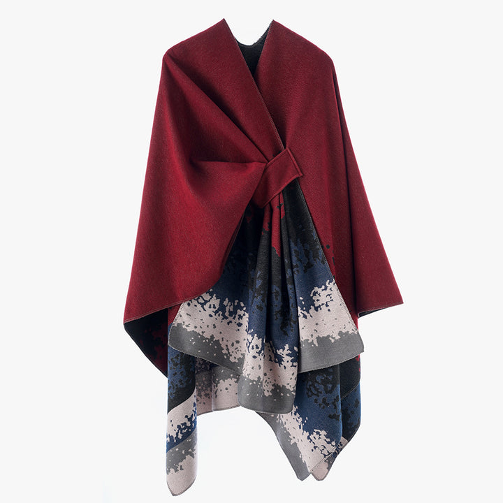 Damen Reversibler Wollmix-Capeponcho mit Bindegürtel und abstraktem Farbverlauf – Montévia
