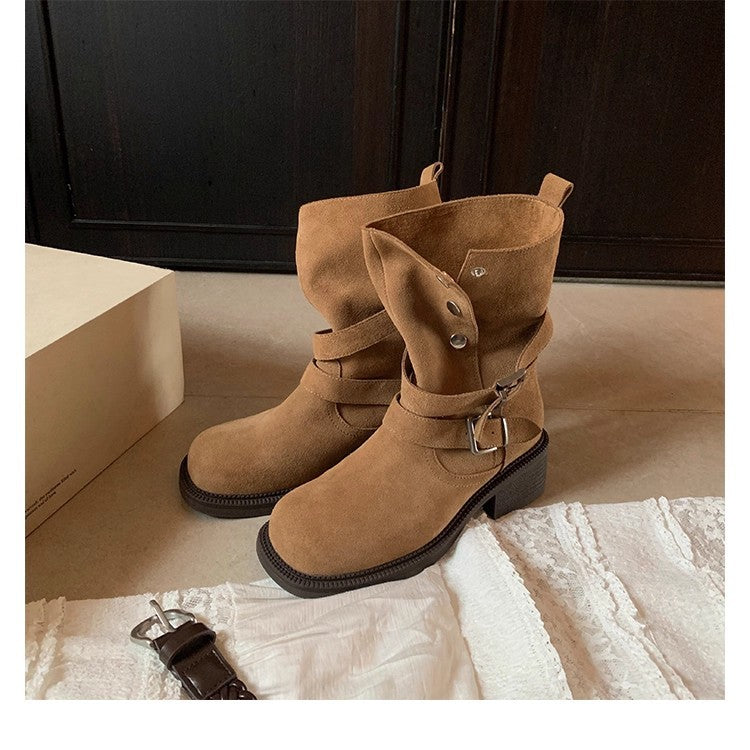 Damen Veloursleder-Bikerstiefel mit Schnallen und mittlerem Blockabsatz Echo Archiv