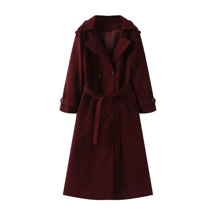 Damen langer Wollmix-Trenchcoat mit Schalkragen Taillengürtel und doppelreihiger Knopfleiste – Montévia