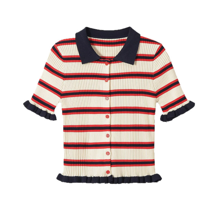 Damen Gerippte Kurzarm-Polokragen-Strickjacke mit Volantbündchen Echo Archiv