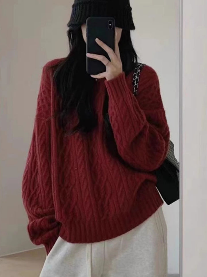 Damen Oversize Zopfmuster‑Pullover mit Rundhalsausschnitt und lässiger Schulterpartie Echoarchiv