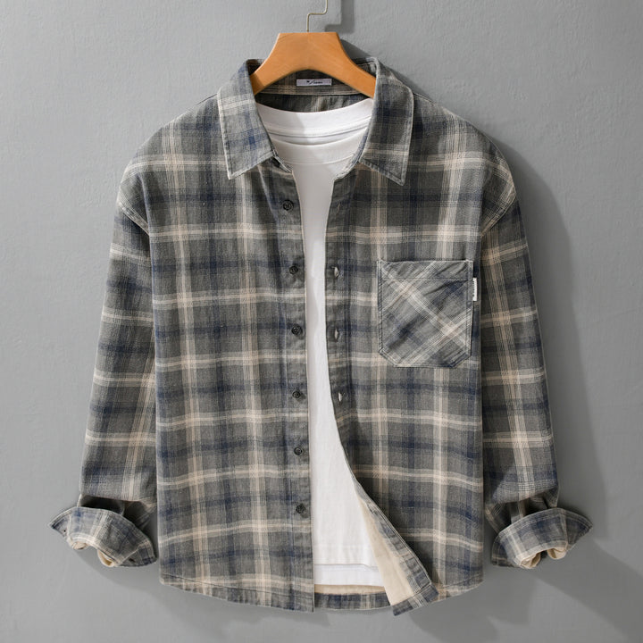 Herren Karo-Relaxed-Overshirt aus gebürstetem Baumwollmix mit Brusttasche und durchgehender Knopfleiste Echoarchiv