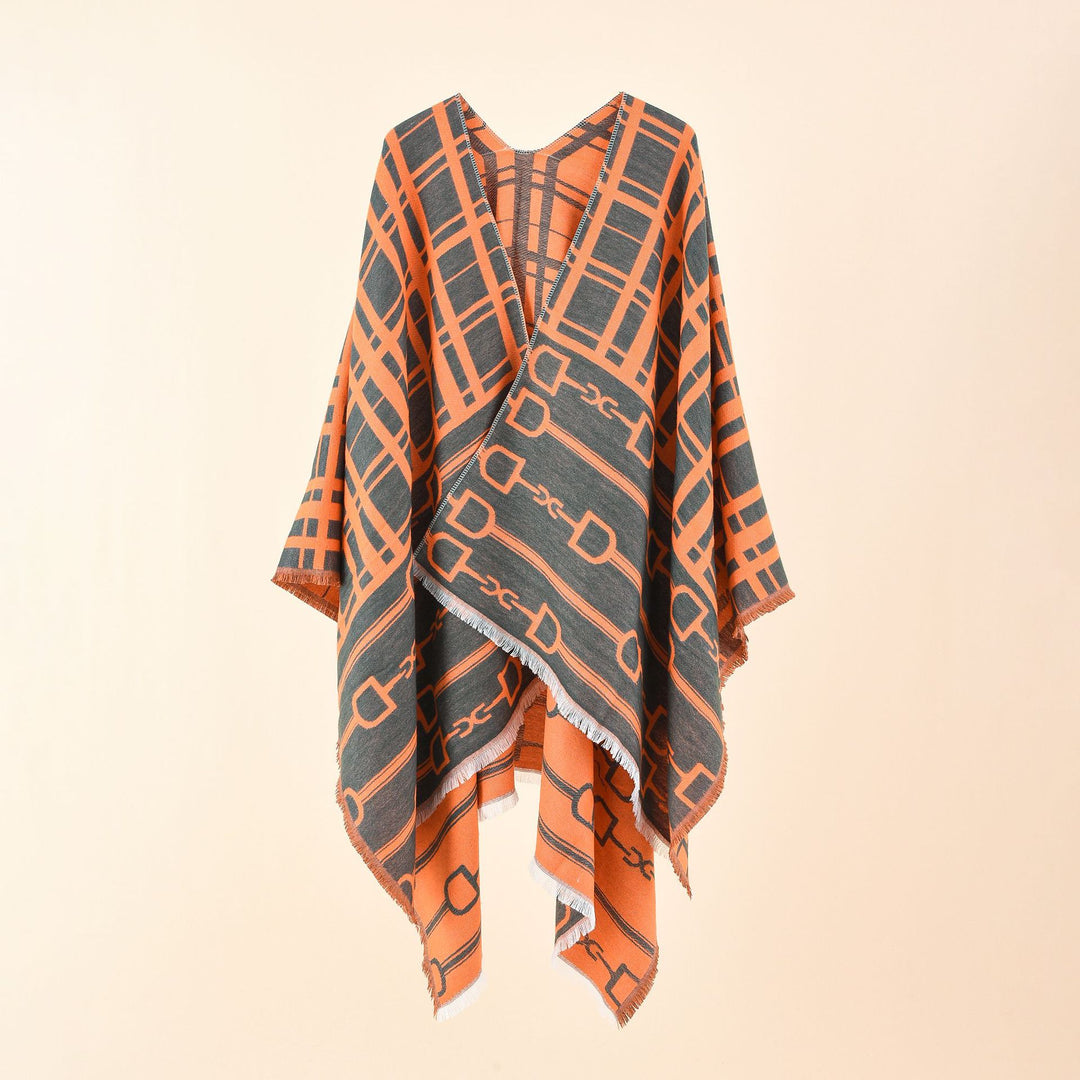 Damen Jacquard-Umhang mit Steigbügel‑Motiv und Fransensaum Echo Archiv