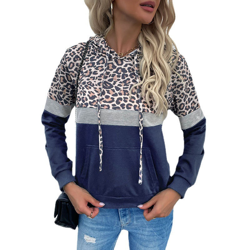 Damen Kapuzenpullover im Blockdesign mit Leopardenmuster, Kängurutasche und Tunnelzug Echoarchiv