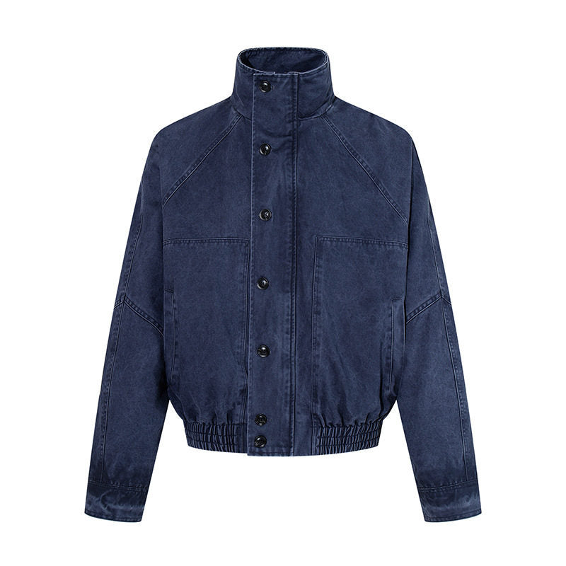 Damen kurze Oversize-Bomberjacke mit Stehkragen, Knopfleiste und elastischem Saum Echoarchiv