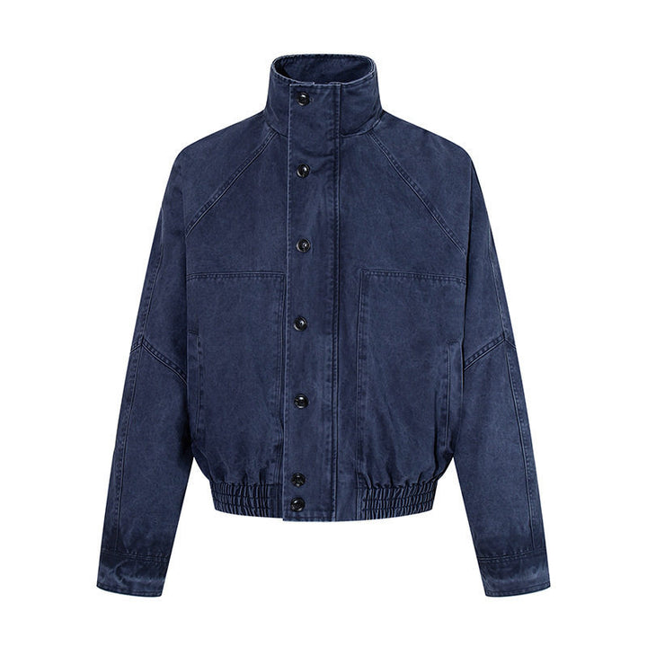 Damen kurze Oversize-Bomberjacke mit Stehkragen, Knopfleiste und elastischem Saum Echoarchiv