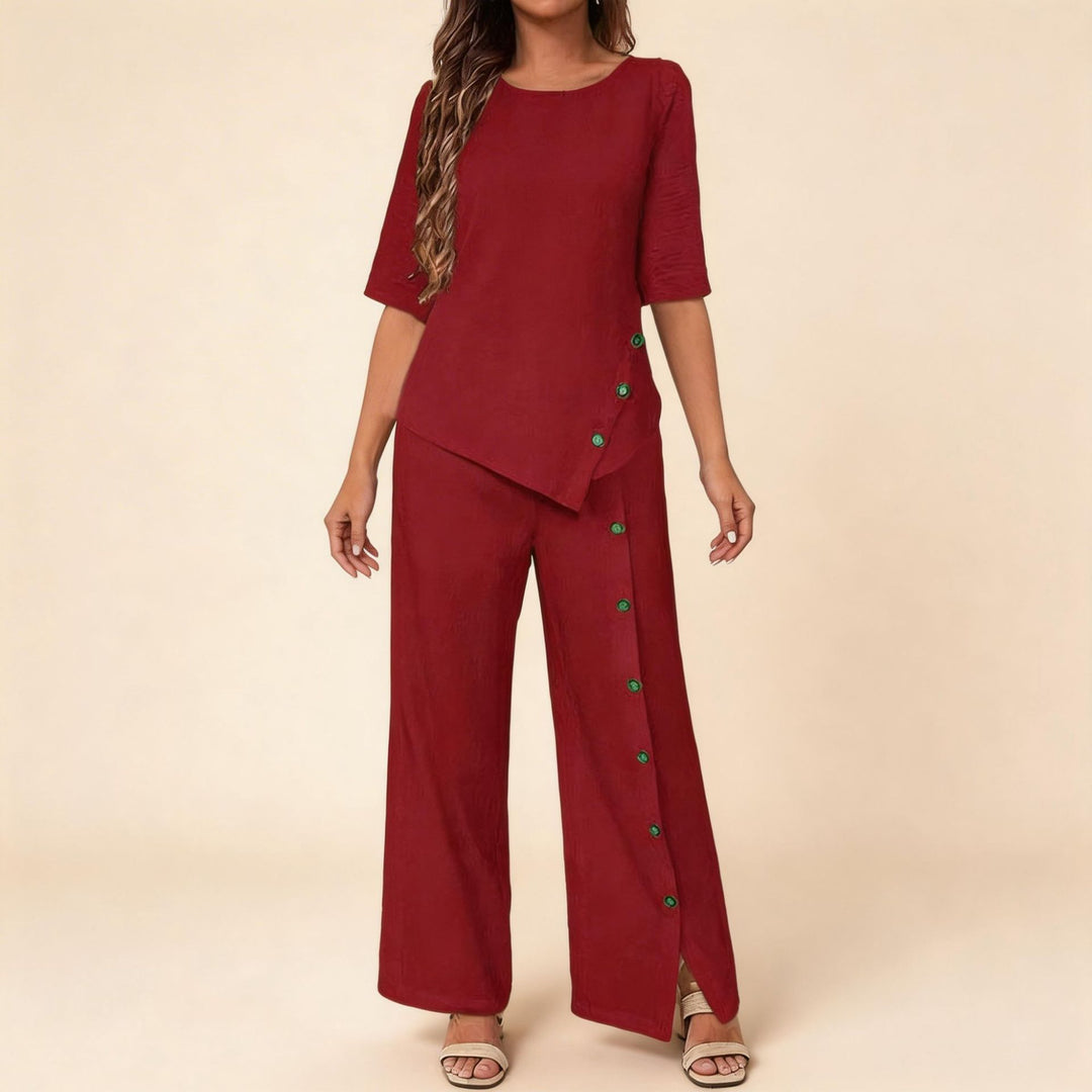 Damen asymmetrisches zweiteiliges Lounge-Set mit 3/4-Ärmeln und seitlicher Knopfverzierung Echoarchiv
