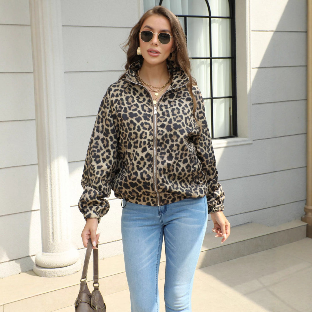 Damen Leopard-Print Bomberjacke mit Stehkragen, Reißverschluss und Gummizug Echoarchiv