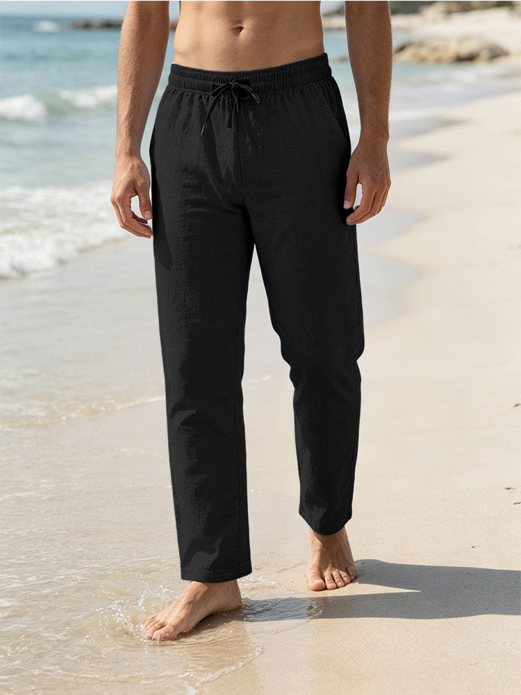 Herren Leichte Leinen-Baumwoll-Hose mit Tunnelzug, elastischem Bund und geradem Schnitt Echoarchiv
