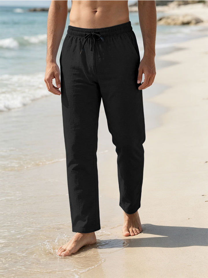 Herren Leichte Leinen-Baumwoll-Hose mit Tunnelzug, elastischem Bund und geradem Schnitt Echoarchiv