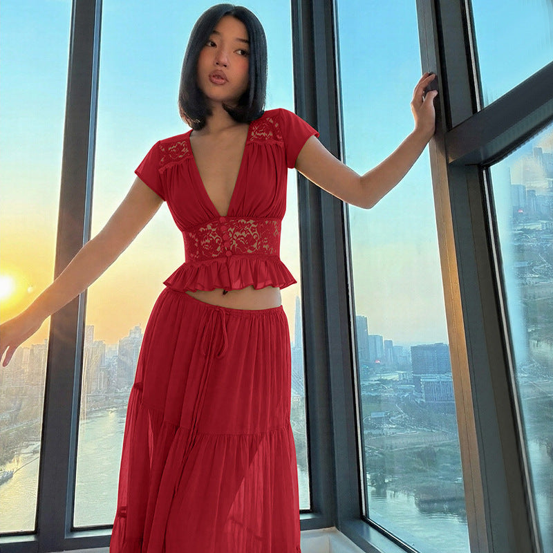 Damen Elegantes Maxikleid mit Spitzenoberteil und fließendem Saum Echo Archiv