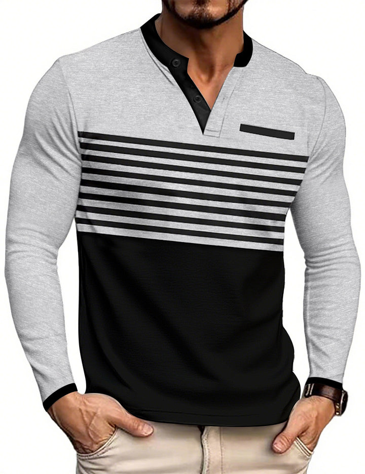 Herren nan modernes Langarm-Polo mit Henley-Blende gestreifter Brustpartie und Stehkragen Echo Archiv