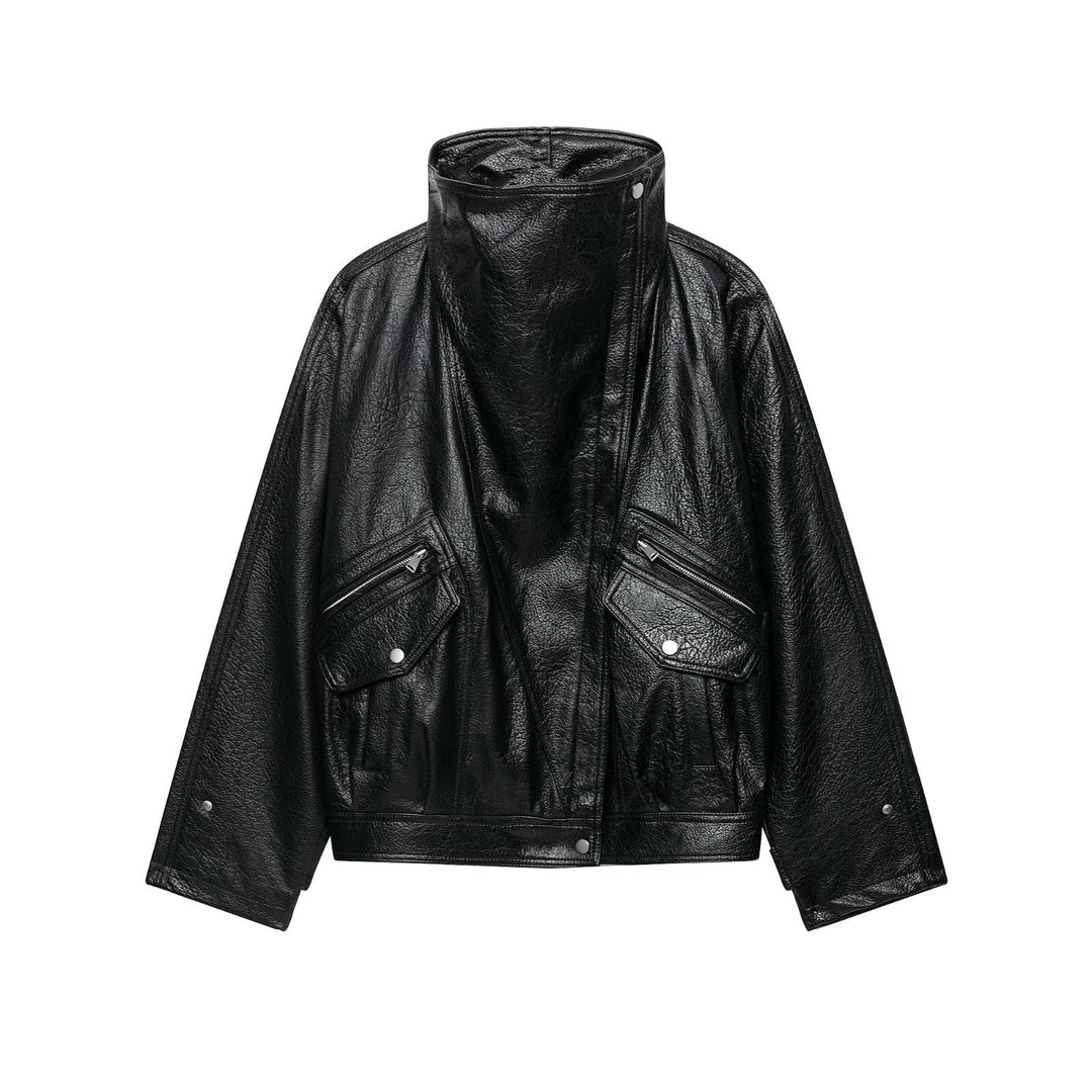 Damen Oversized Kunstlederjacke mit hohem Stehkragen und Zipper-Taschen Echoarchiv