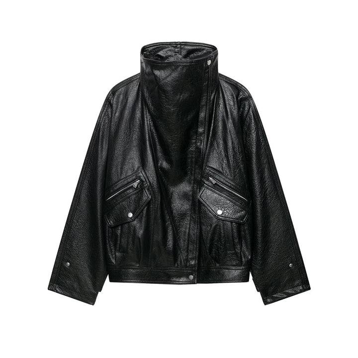 Damen Oversized Kunstlederjacke mit hohem Stehkragen und Zipper-Taschen Echoarchiv